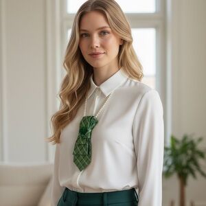 “Dainty Dapper”Green Plaid Tie Necklace with glass rose brooch